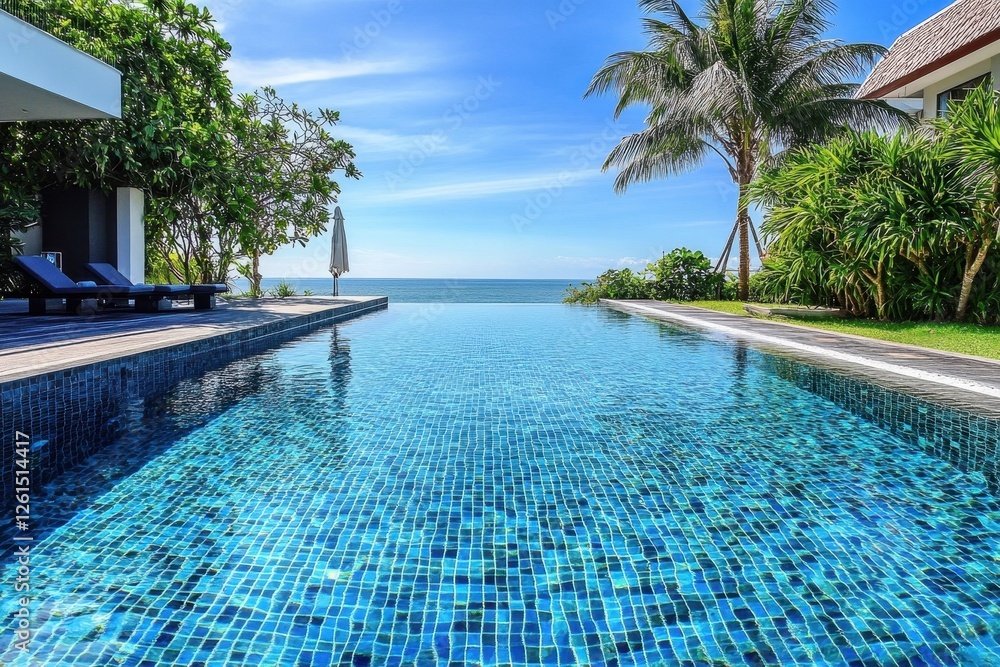 Obraz premium Infinity pool with ocean view, lush landscaping, and lounge chairs. Perfect for luxury real estate, travel, or resort marketing.