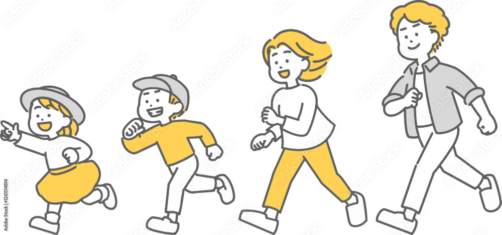 Fototapeta premium 走ってお出かけする子ども連れの家族のイラスト