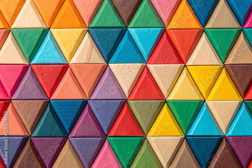 Colorful wooden triangle blocks arranged in a geometric pattern, studio shot, background blurred, design texture photo