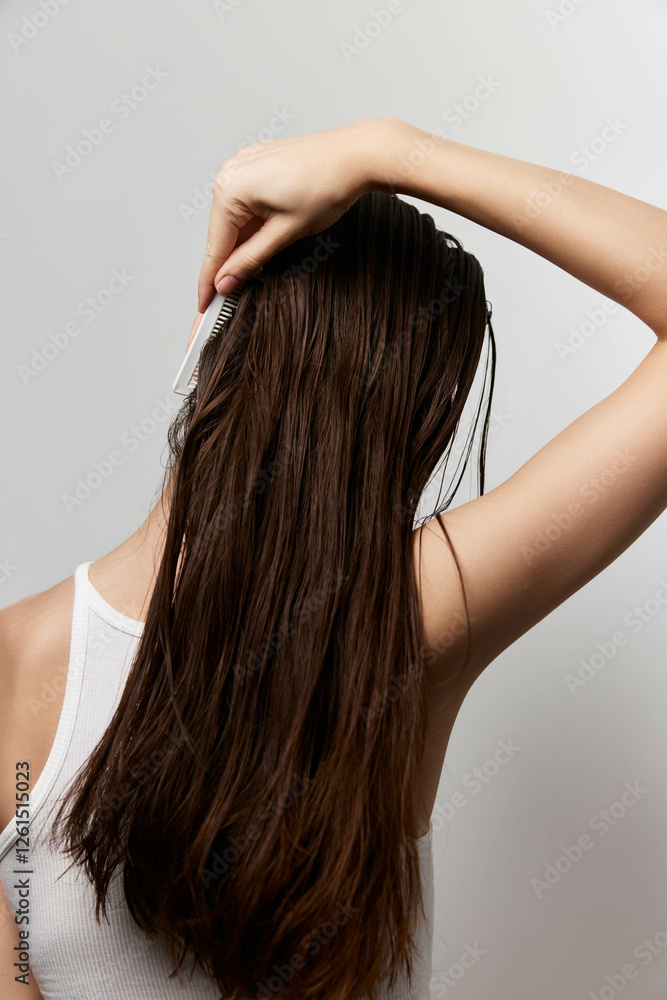 Hair care, long hair styling, woman combing hair, back view in white tank top, neutral background, healthy hair concept featuring care and grooming routines, personal care focus Hair care, long hair styling, woman combing hair, back view in white tank top, neutral background, healthy hair concept featuring care and grooming routines, personal care focus
