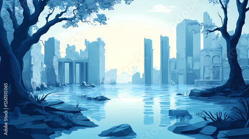 A calm and reflective mood piece of a lakelike flood around city ruins. Echoing Ruins. Illustration photo