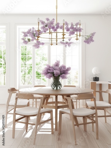 Wallpaper Mural A modern dining room with a round wooden table and chairs. a chandelier. and a vase of lilac flowers on the table The room has large windows with a view of trees outside Torontodigital.ca