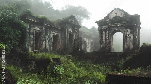 Abandoned ruins overgrown with vegetation, shrouded in mist. Echoing Ruins. Illustration photo