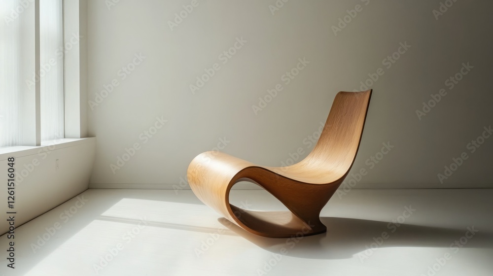 Modern wooden chair, minimalist design, light and airy room. Modern wooden chair, minimalist design, light and airy room.