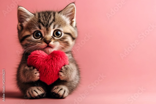 Exotic shorthair - my cherished cat. Cute exotic shorthair baby feline with fluffy red heart - emblem of love, funny greeting card. Promotion conceptual art pattern idea. Love pet february.
