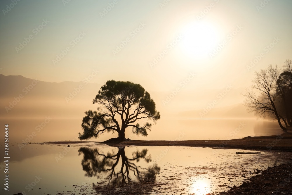 A solitary tree stands by the water's edge, reflected in the still lake beneath a serene sunrise A solitary tree stands by the water's edge, reflected in the still lake beneath a serene sunrise