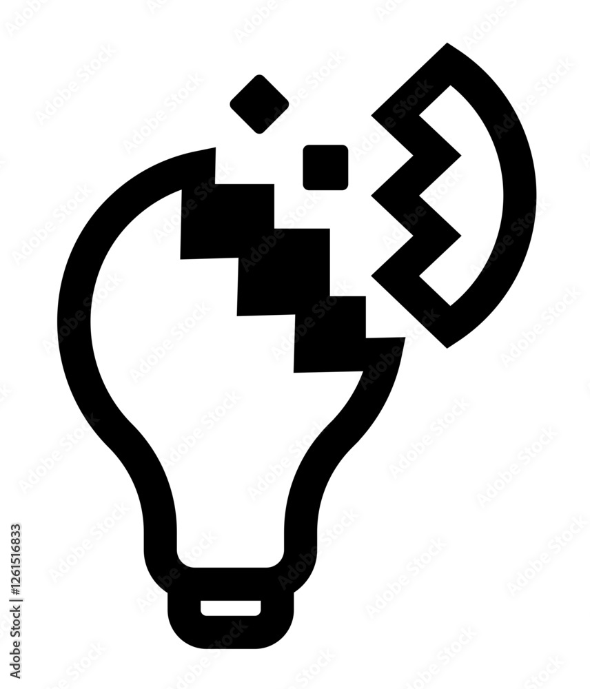 A black and white icon of a broken light bulb, symbolizing lost ideas creativity failure innovation breakdown or destruction of knowledge. A black and white icon of a broken light bulb, symbolizing lost ideas creativity failure innovation breakdown or destruction of knowledge.