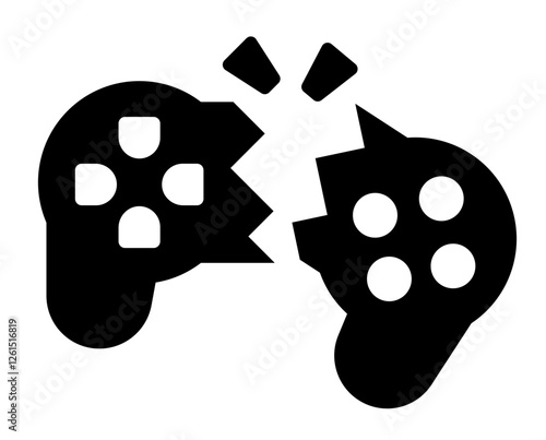 A black and white icon of a broken game controller symbolizing gaming frustration rage quit gaming addiction or hardware damage.