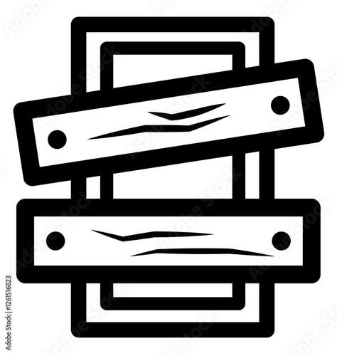 A black and white icon of a door barricaded with wooden planks, symbolizing restricted access, lockdown, security, or no entry.