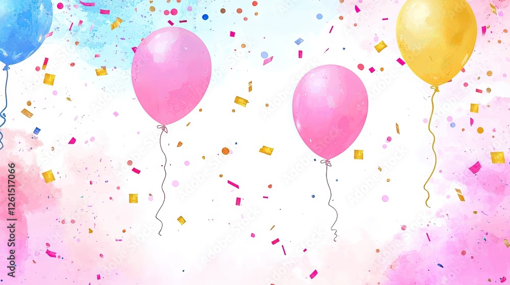 Colorful balloons float against a festive background with confetti, perfect for celebration themes Colorful balloons float against a festive background with confetti, perfect for celebration themes