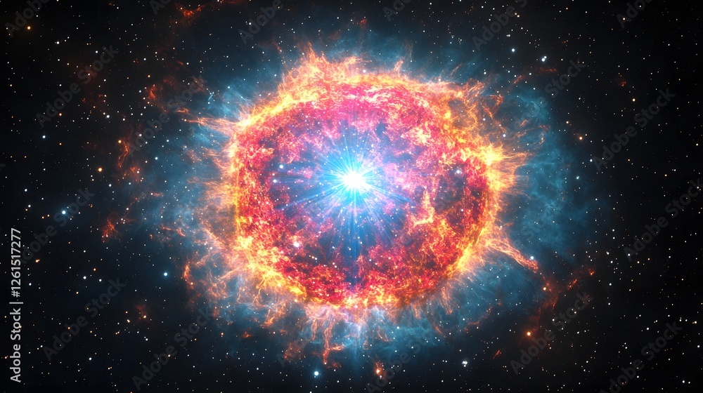 Fototapeta premium A vibrant depiction of a supernova explosion in space. Intense colors of red, orange, and blue depict the cosmic event against a backdrop of stars.