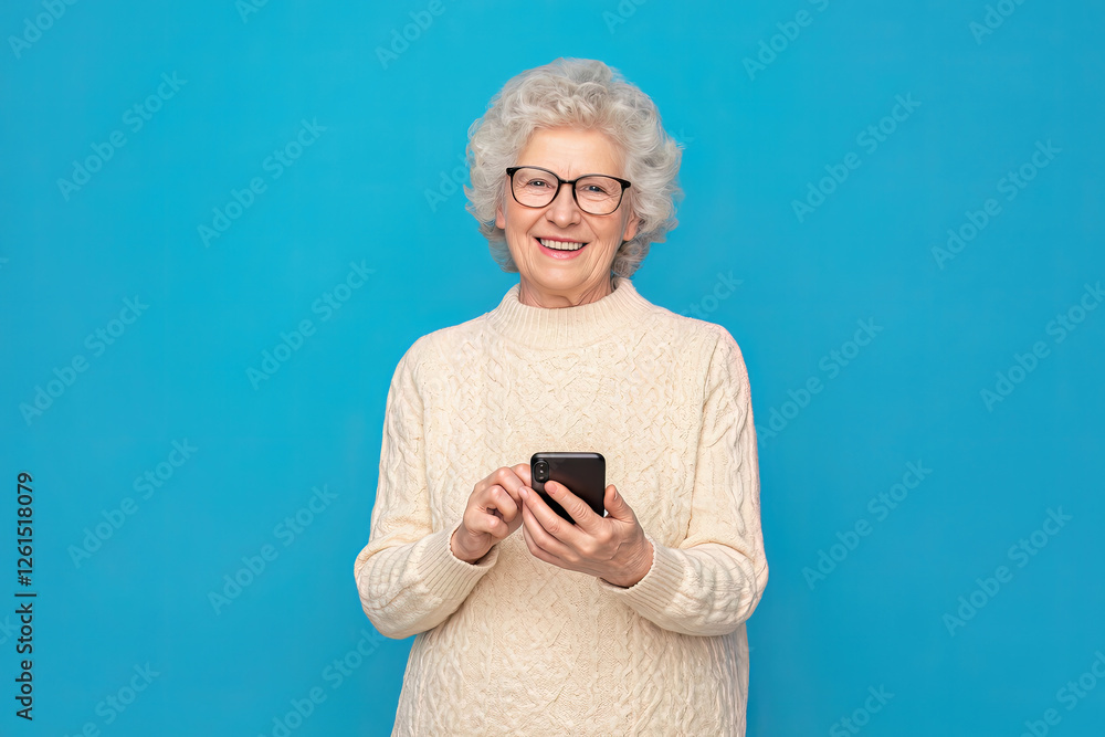 Fototapeta premium Happy aged caucasian woman grandmother holding smartphone using mobile online apps, browsing. Smiling old elderly lady texting sms message chatting with family on phone isolated over blue background..