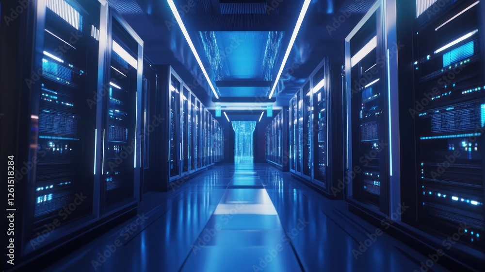 Fototapeta premium Server Room with Blue Neon Lights