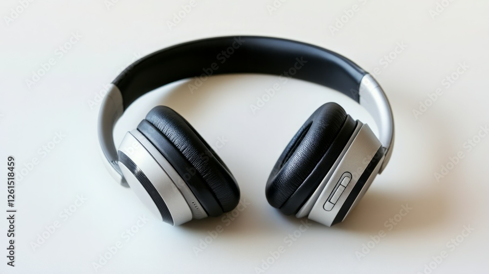 Sleek silver and black over-ear headphones rest on a white surface. Sleek silver and black over-ear headphones rest on a white surface.