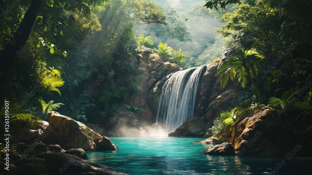 Lush jungle waterfall, tranquil pool, sun rays, tropical paradise, travel brochure Lush jungle waterfall, tranquil pool, sun rays, tropical paradise, travel brochure