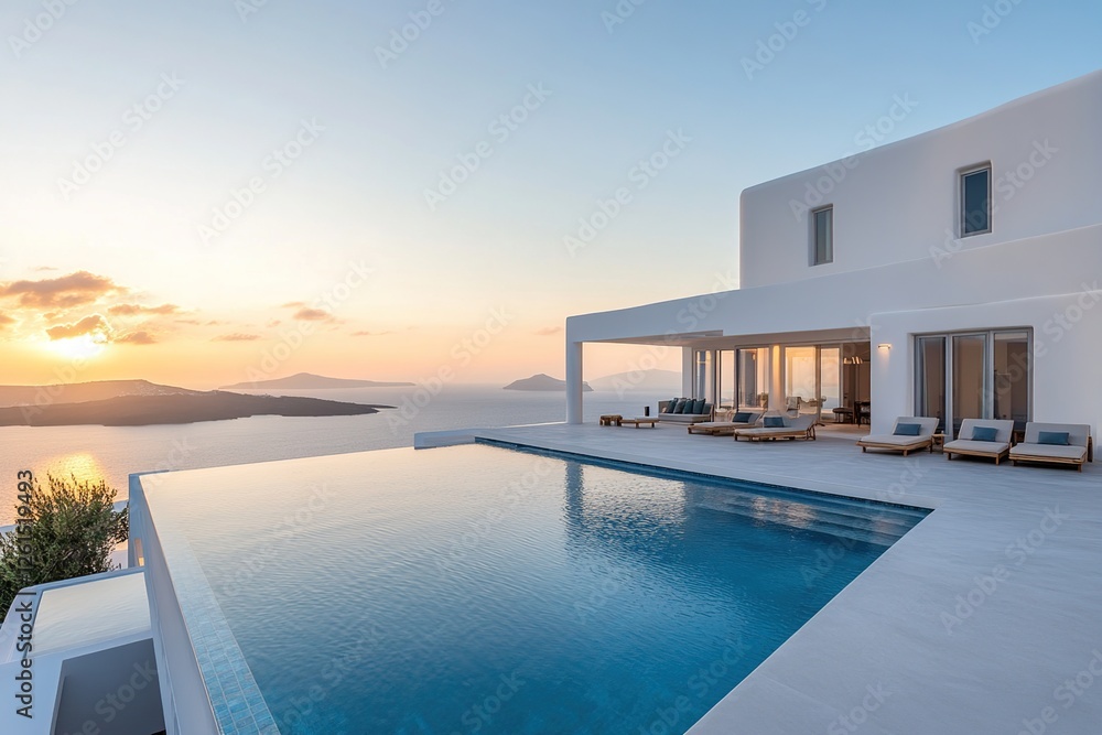Fototapeta premium Sunset Views: Infinity Pool Villa Design with Modern Architecture and Ocean Panorama