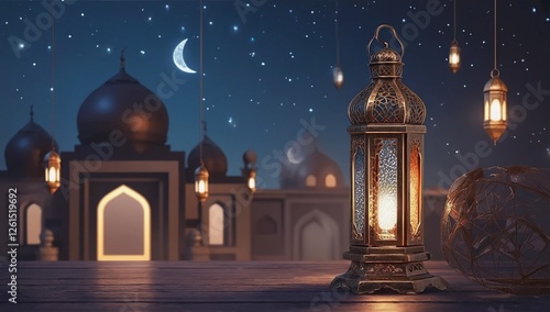 Ramadan lantern background with mosque and night sky