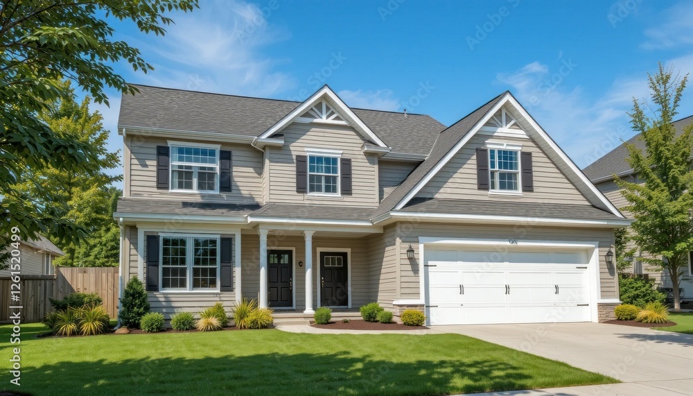 Obraz premium Suburban Dream Home: Two-Story House with Garage and Lush Lawn