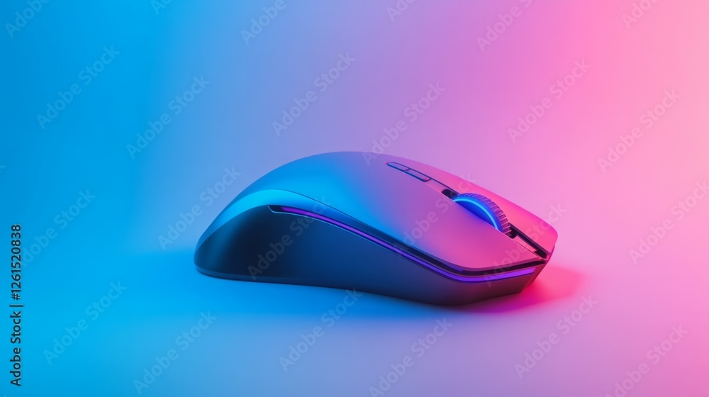 Sleek wireless computer mouse in vibrant blue and pink lighting. Sleek wireless computer mouse in vibrant blue and pink lighting.