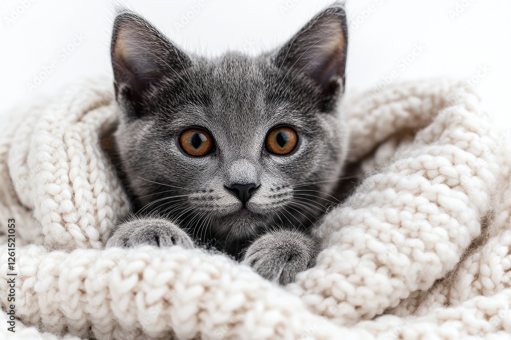 Adorable gray kitten with bright eyes nestled in a cozy cream blanket, creating a warm atmosphere Adorable gray kitten with bright eyes nestled in a cozy cream blanket, creating a warm atmosphere
