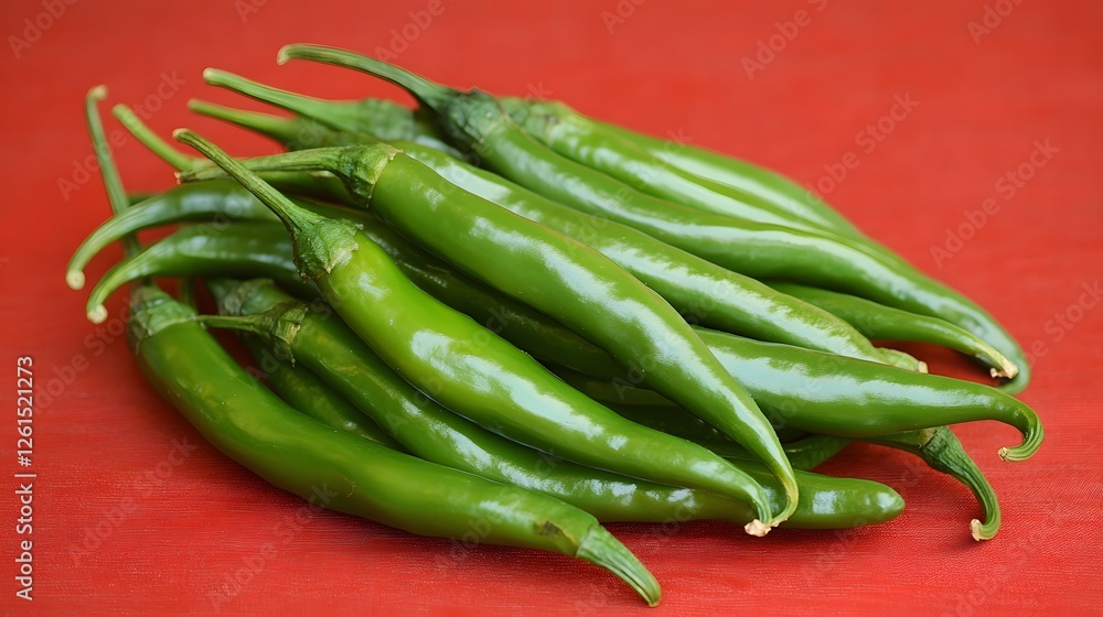 Pile of Green Chili Peppers on Red Surface Pile of Green Chili Peppers on Red Surface