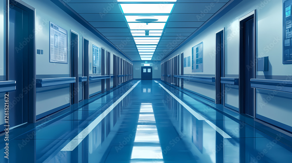 Stark futuristic hallway in otherworldly treatment ward for temporal energy parasite therapy. Temporal Corridors. Illustration Stark futuristic hallway in otherworldly treatment ward for temporal energy parasite therapy. Temporal Corridors. Illustration