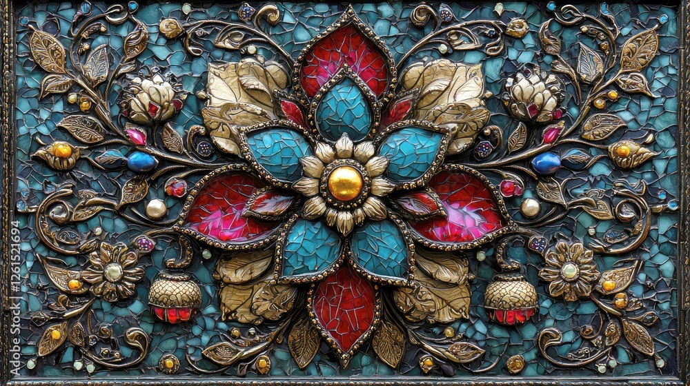 Fototapeta premium Spectacular Mosaic Artwork: Intricate Floral Design with Jewel Tones