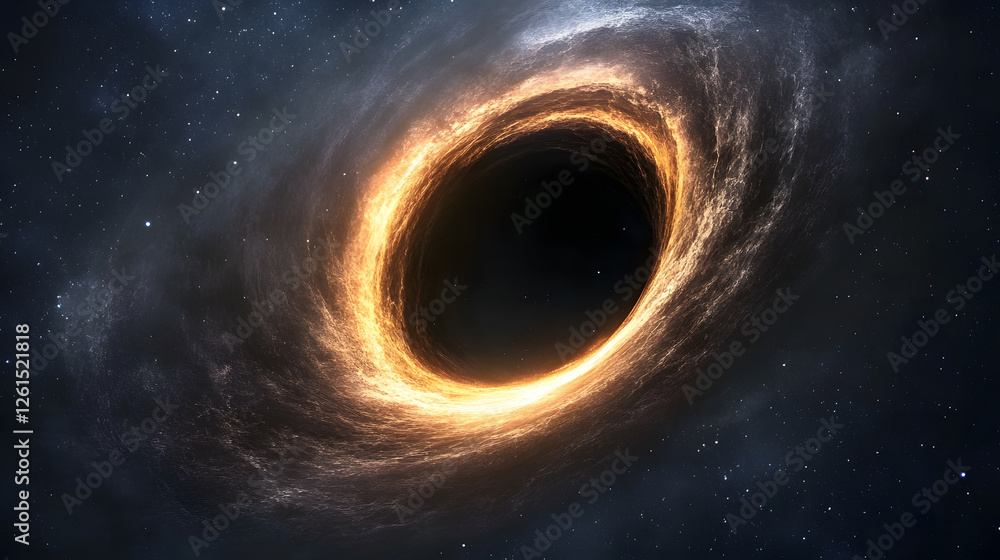 Fototapeta premium A mesmerizing cosmic illustration of a black hole, encircled by fiery, swirling gases. The dark void contrasts with vibrant, glowing energy against a backdrop of distant stars.