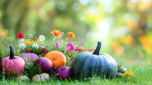 Vibrant Autumn Pumpkins on Lush Green Grass