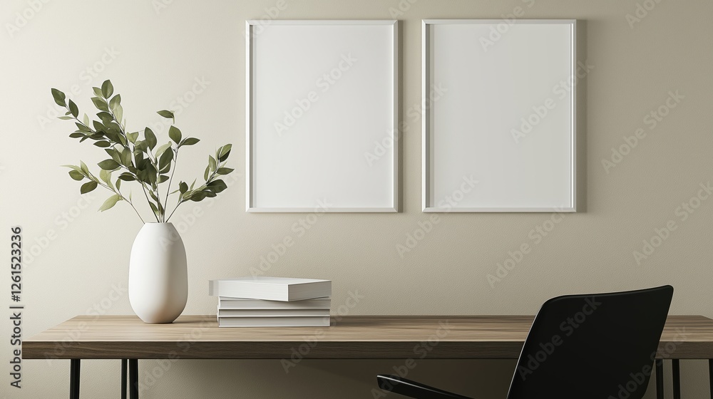corner of a room with a wooden desk and a black chair. On the desk, there is a white vase with green leaves and a stack of books corner of a room with a wooden desk and a black chair. On the desk, there is a white vase with green leaves and a stack of books