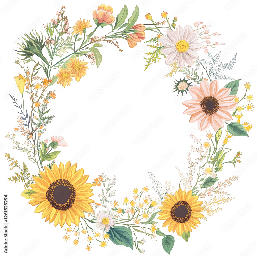 A floral wreath made of wildflowers, including sunflowers, daisies, transparent background, PNG A floral wreath made of wildflowers, including sunflowers, daisies, transparent background, PNG
