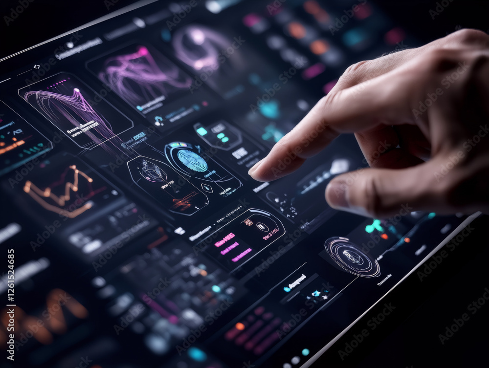 Hands interacting with futuristic data dashboards featuring holographic charts, digital graphs, and UI elements in a high-tech interface. Hands interacting with futuristic data dashboards featuring holographic charts, digital graphs, and UI elements in a high-tech interface.