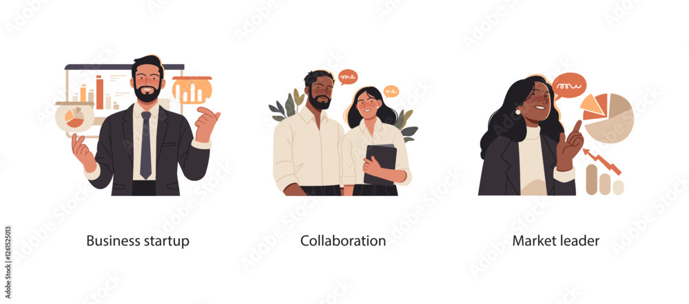 Illustration of professionals engaged in business startup, teamwork, and leadership. Depicts collaboration, planning, and strategic decision-making for success in the corporate world. Illustration of professionals engaged in business startup, teamwork, and leadership. Depicts collaboration, planning, and strategic decision-making for success in the corporate world.