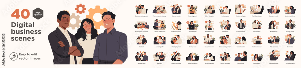 custom made wallpaper toronto digitalA collection business scenes illustrating various professional concepts. The set includes teamwork, strategy planning, online learning, project management, and career growth in a modern office setting