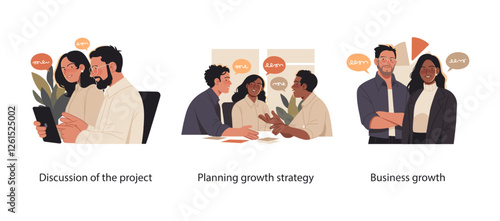 Business illustrations featuring professionals engaged in project discussions, strategic planning, and business growth. Ideal for concepts related to teamwork, leadership, and corporate success.