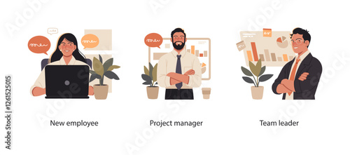 Illustration of a new employee, a project manager, and a team leader in a professional environment. Represents onboarding, leadership, and workplace management.