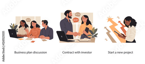 Business illustration set of a team discussing a business plan, an investor handshake sealing a contract, and a professional launching a new project. Represents collaboration, investment, and growth.