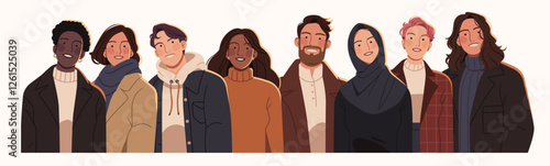 Diverse group of people standing together, representing various cultures, professions, and ages. Stylish individuals in casual and formal outfits, symbolizing unity, inclusivity, and global diversity.