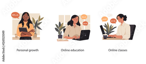 Set of three illustrations depicting personal growth, online education, and online classes. Features diverse individuals engaged in learning, self-improvement, and digital education.
