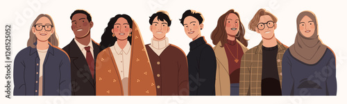 Diverse group of people standing together, representing various cultures, professions, and ages. Stylish individuals in casual and formal outfits, symbolizing unity, inclusivity, and global diversity.