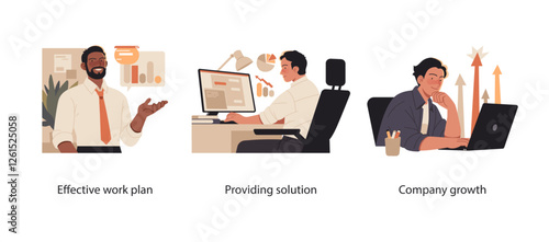 Illustration of professionals working on strategic planning, problem-solving, and business growth. Depicts effective work plans, innovative solutions, and company success.