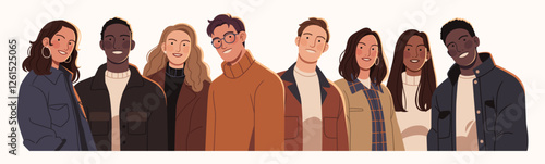 Diverse group of people standing together, representing various cultures, professions, and ages. Stylish individuals in casual and formal outfits, symbolizing unity, inclusivity, and global diversity.