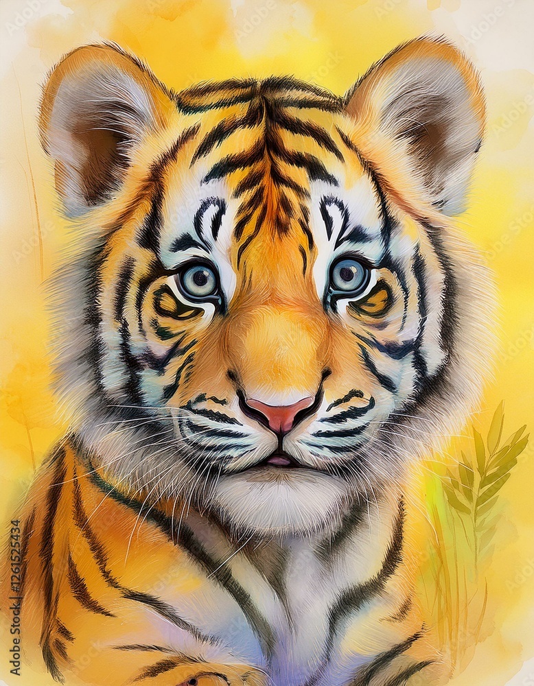 Fototapeta premium Tigerbaby, gelber Hintergrund