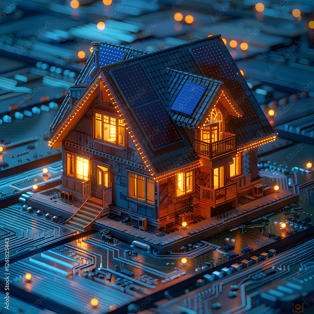 Obraz premium Miniature House with Solar Panels on Circuit Board