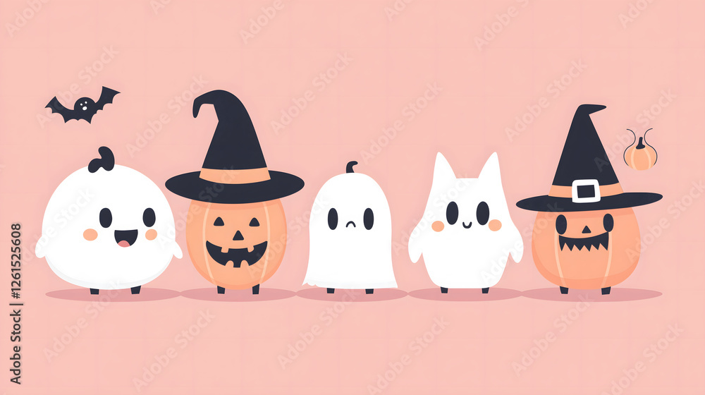 Obraz premium Cute Halloween Characters in Minimalist Cartoon Style