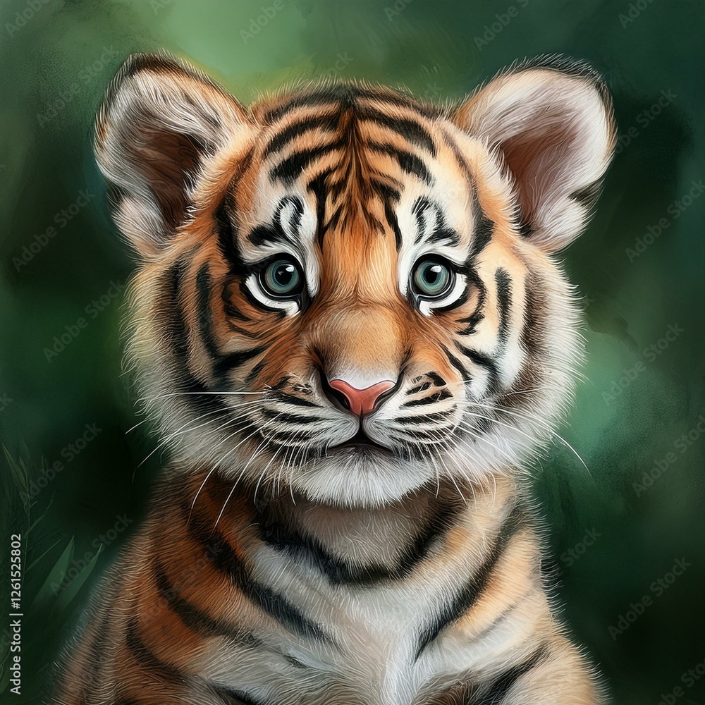 Fototapeta premium Tigerbaby, grüner Hintergrund