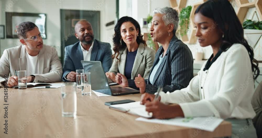 Business people, financial advisor and presentation with laptop, budget and audit for customer portfolio. Woman, accountant or agent meeting with tech for consultation advice or assistance review Business people, financial advisor and presentation with laptop, budget and audit for customer portfolio. Woman, accountant or agent meeting with tech for consultation advice or assistance review