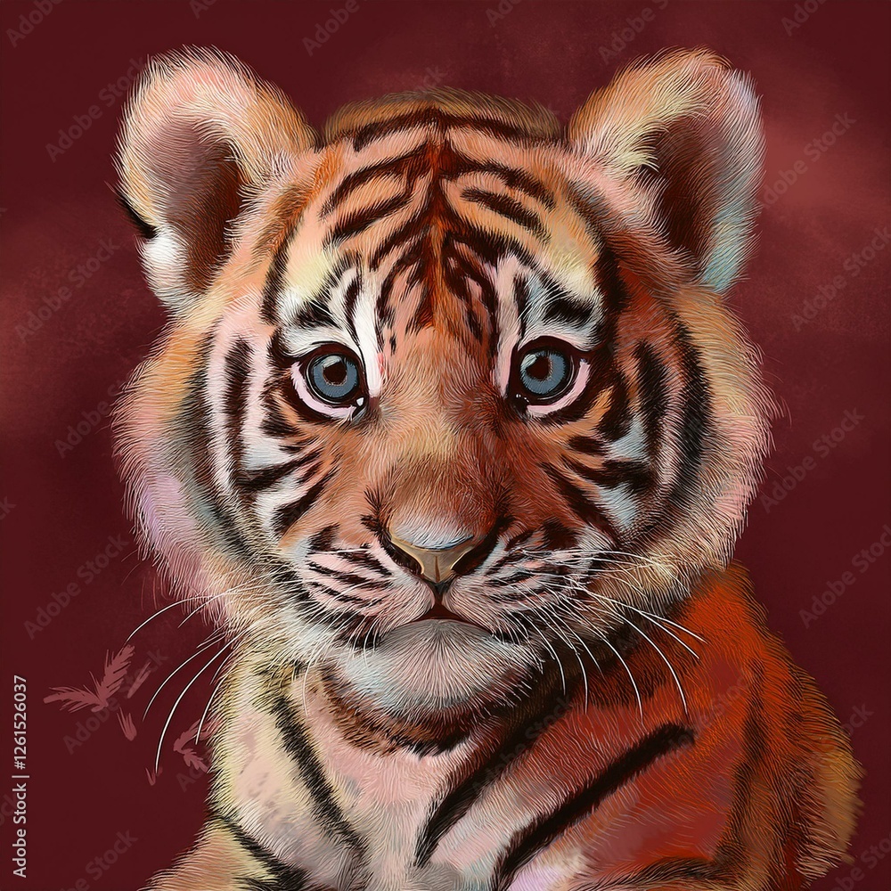 Fototapeta premium Tigerbaby, weinroter Hintergrund