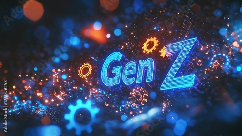 Digital Generation Z Abstract Futuristic Design with Glowing Gears