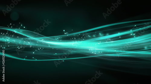 Abstract background with glowing lines and dots in teal color on a dark green background